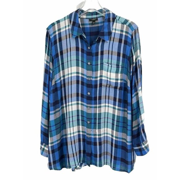 Talbots Blue Plaid Button Down Shirt Peplum Rayon Sz 2X Petite - Picture 1 of 7